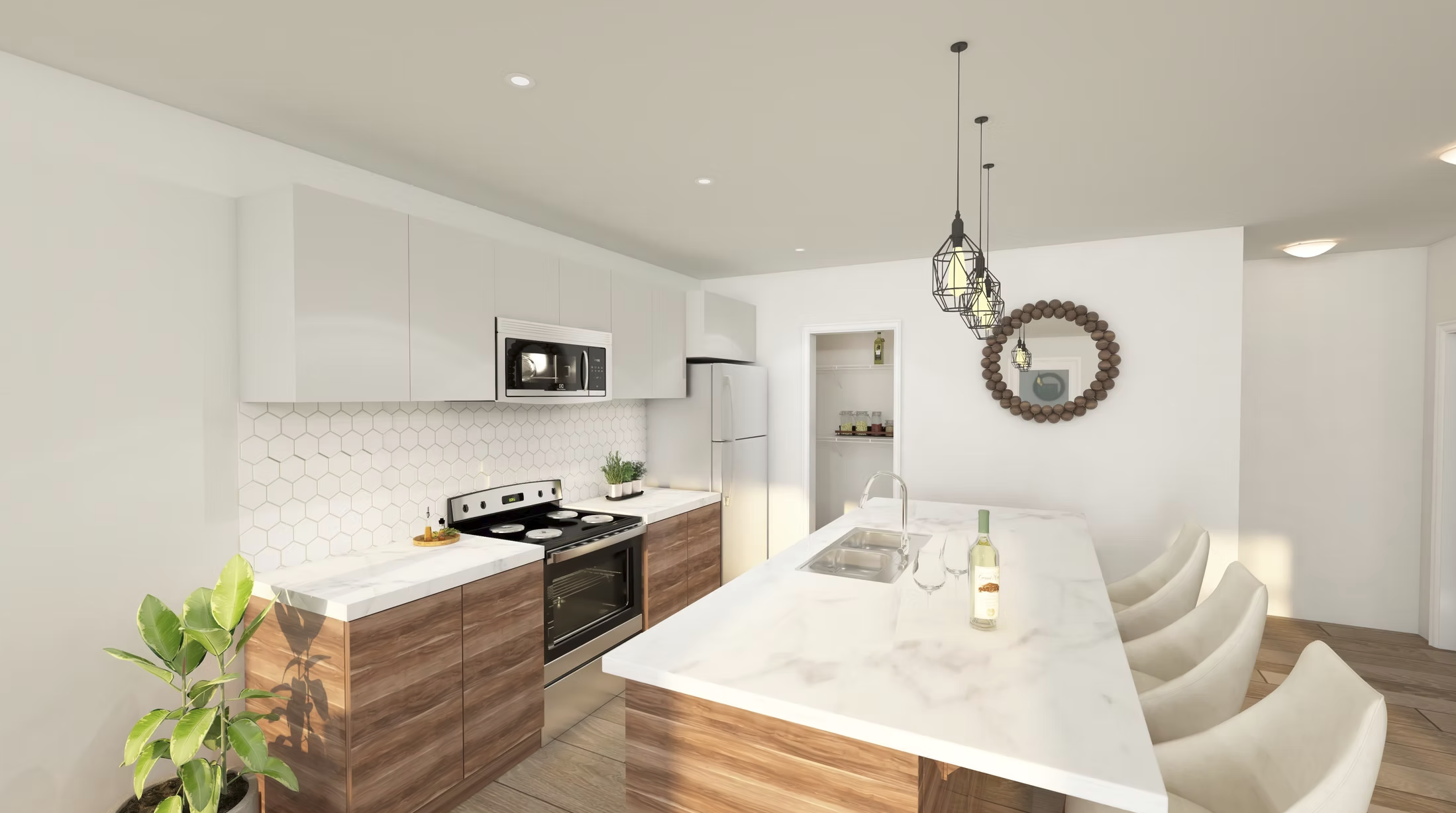 Kitchen with walnut cabinetry and marble island